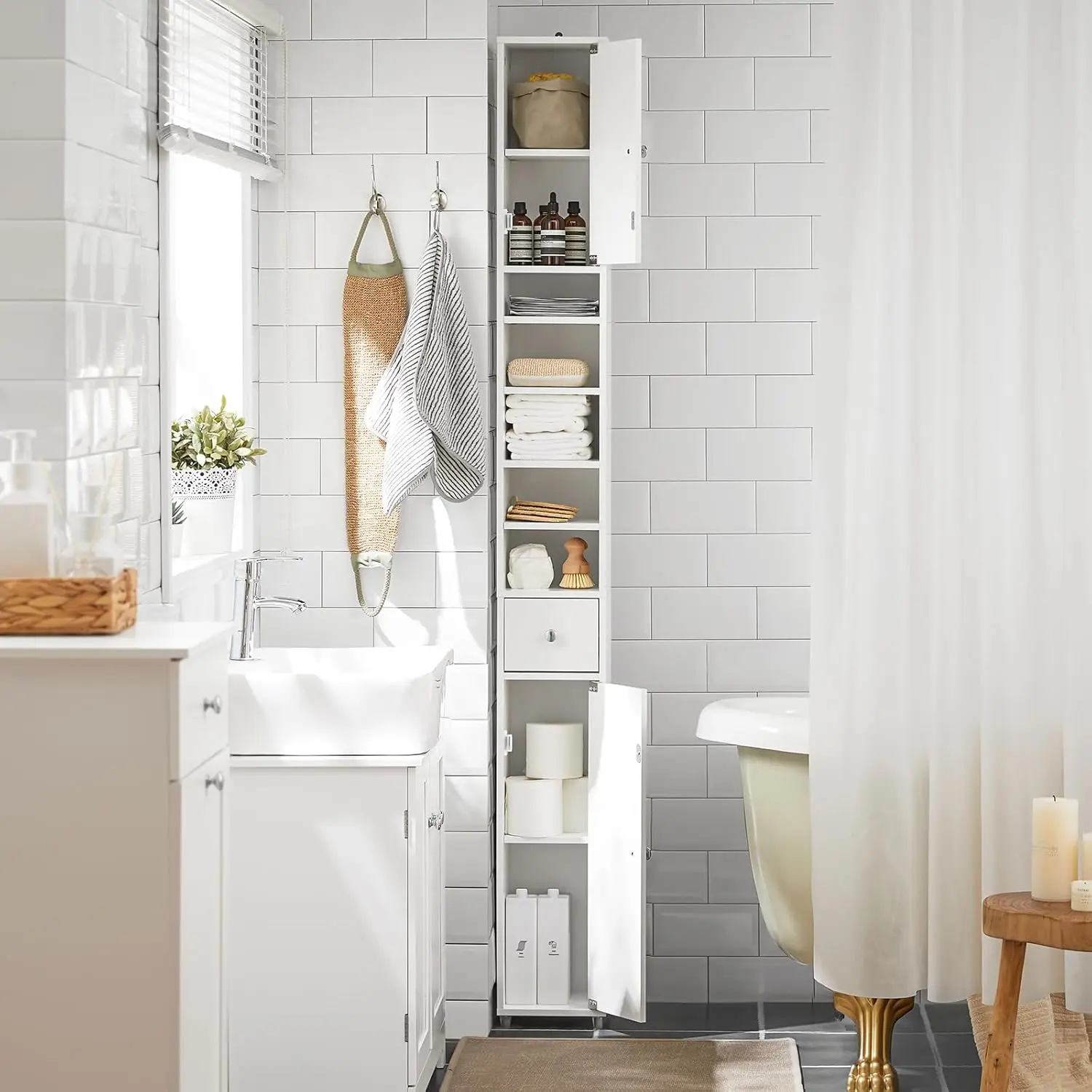 Bathroom Narrow Storage Cabinet Skinny Tall Unit with Adjustable Shelves Slender Anti-Tipping Floor Standing Cupboard, White -W