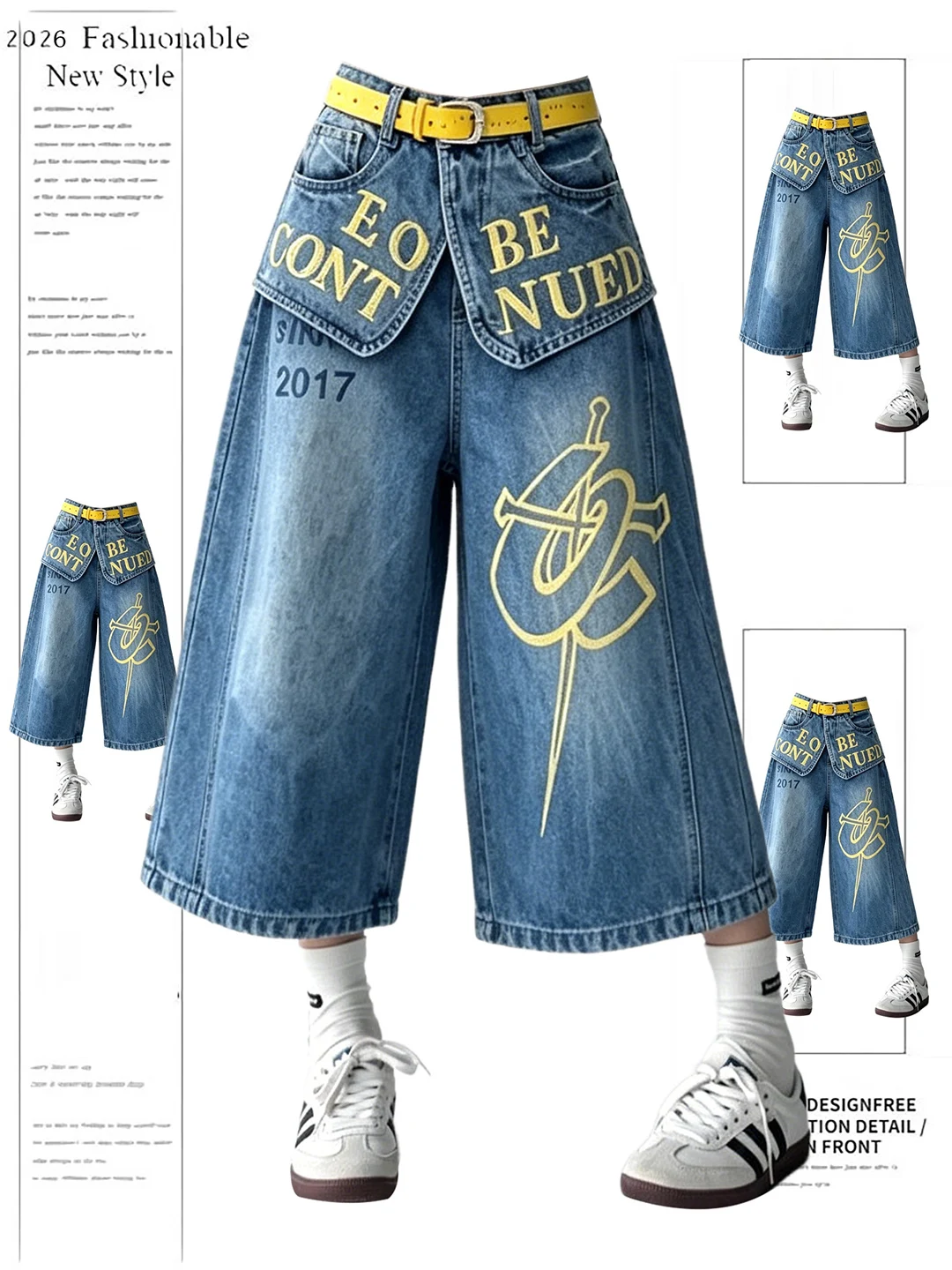 

Hot Girl Graffiti Letter Print High Waist Wide Leg Short Jeans Women Summer Design Sense Fake Two-Piece Denim Seven-Five-Pants