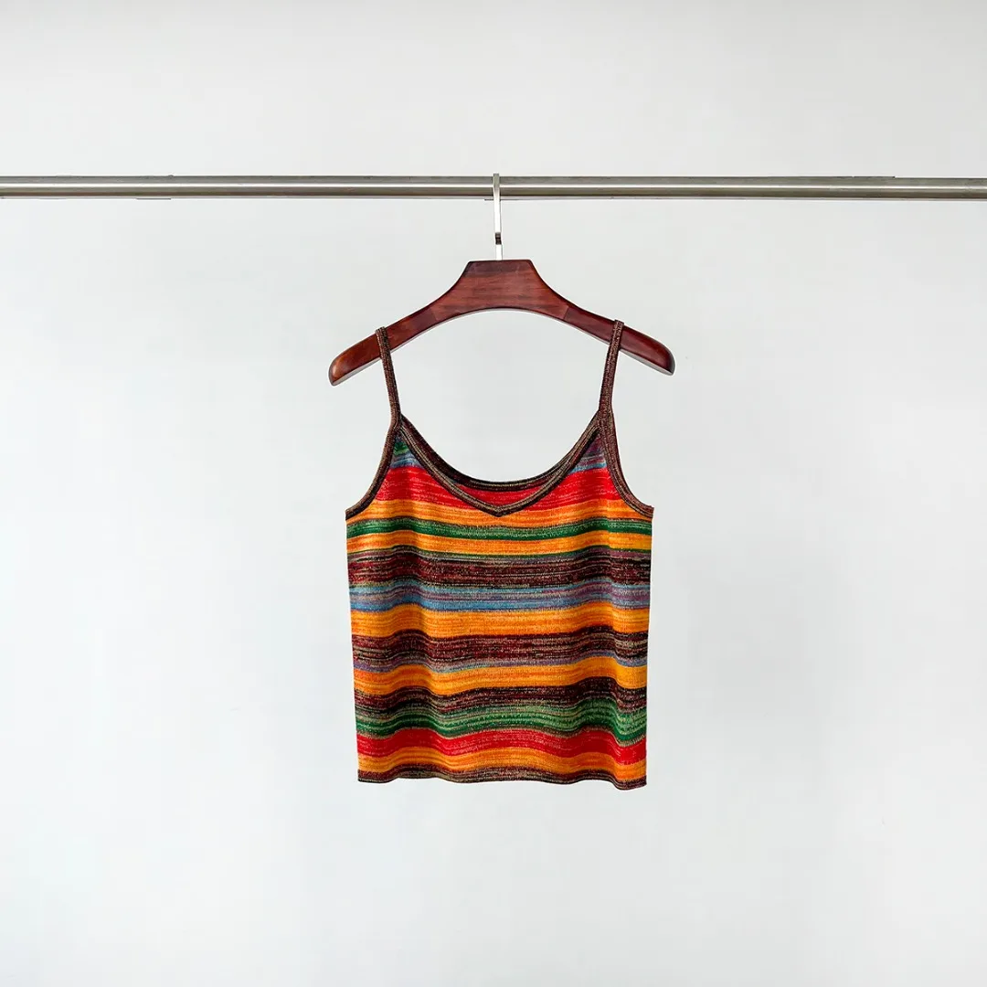 

2024 Summer New Women's Wear Rainbow striped V-neck knitted small strap 0521