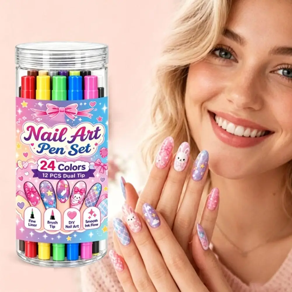 Dual Tip Nail Art Marker Pen Set 12Pcs, 24 Colors DIY Nail Drawing Pens, Fine Line & Brush Tip for Festival Nail Art Creation
