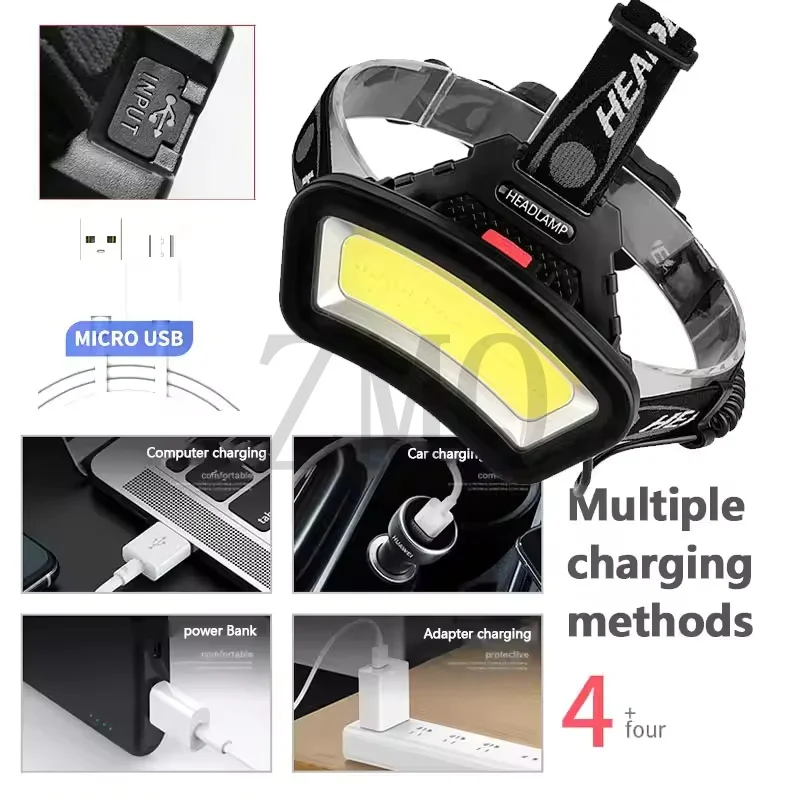 COB LED Wide Headlamp Wide Range Lighting USB Rechargeable LED Wide Angle Headlight with Battery Level Display 2*18650 Batteries