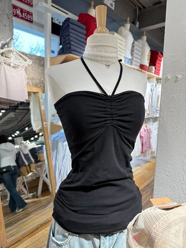 Top corto sin tirantes con cordón negro para mujer, camisola ajustada de algodón liso Simple con pliegues, chaleco Vintage que combina con todo, camisetas sin mangas Y2k