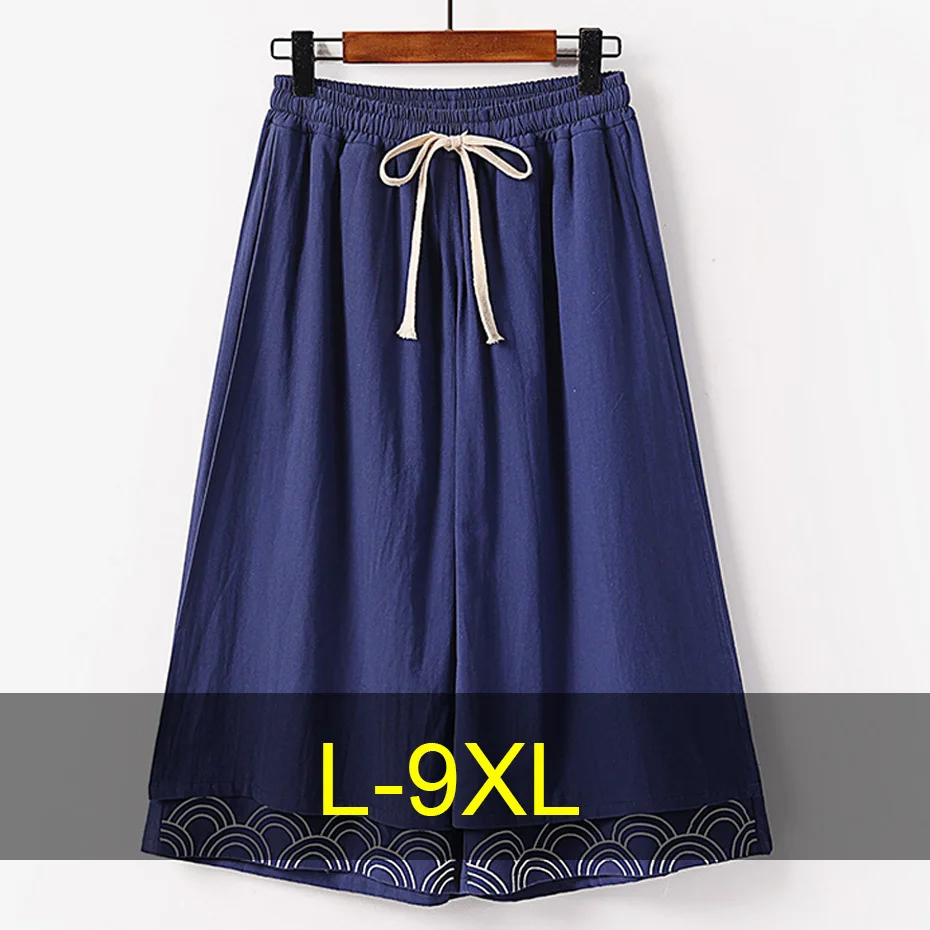 

9XL Plus Size Calf-Length Pants Men Chinese Style Pants Two-layers Fashion Casual Cotton Linen Straight Pants Male Big Size