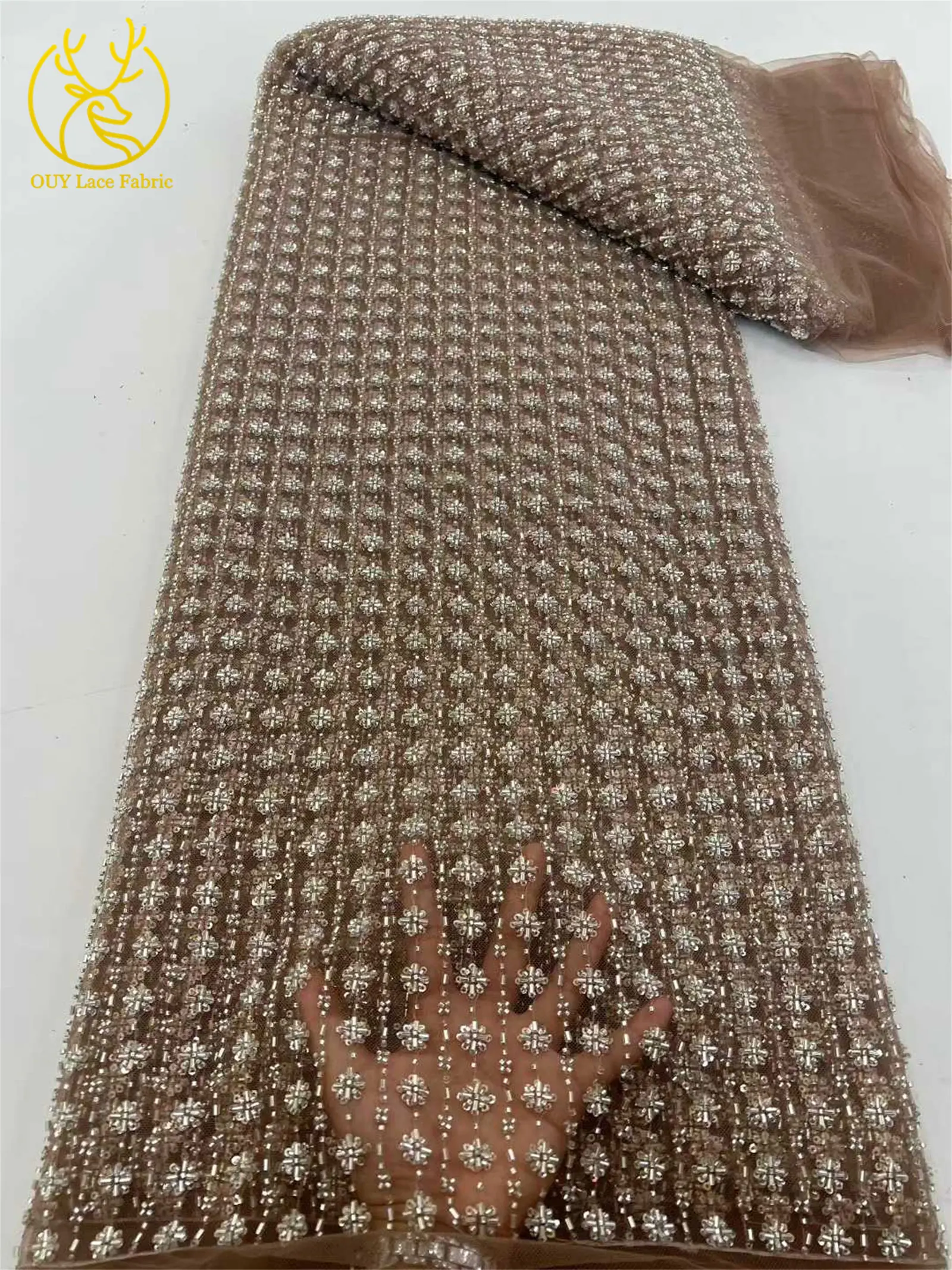 2026 Afrika handgemachte Perlen Spitze Stoff neueste Französisch Mesh Pailletten Spitze Stoff Nigeria Tüll Spitze Damen Party Kleid Material – Detail 6
