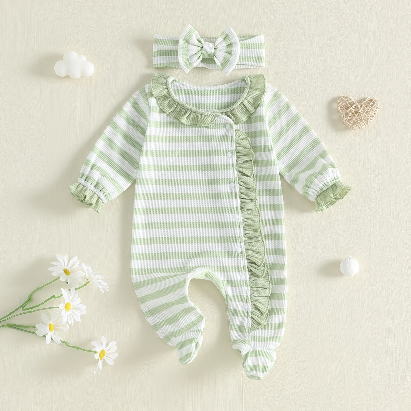 Spring Fall Infant Baby Girls Waffle Footed Romper Long Sleeve Striped Jumpsuit with Headband