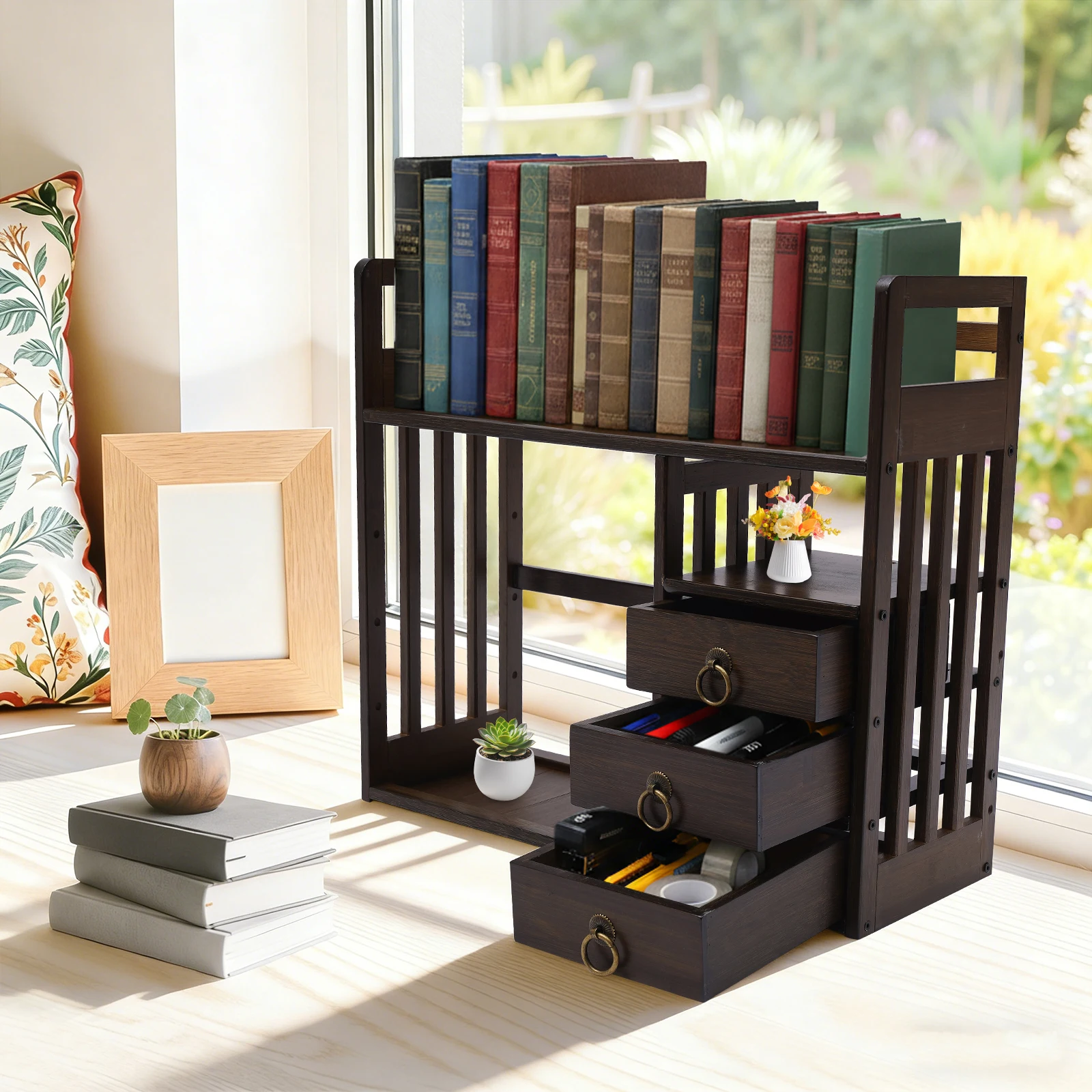 

3-Tiers Desktop Bookshelf Bamboo Organizer Home Book Storage Stand Office with 3 Drawers