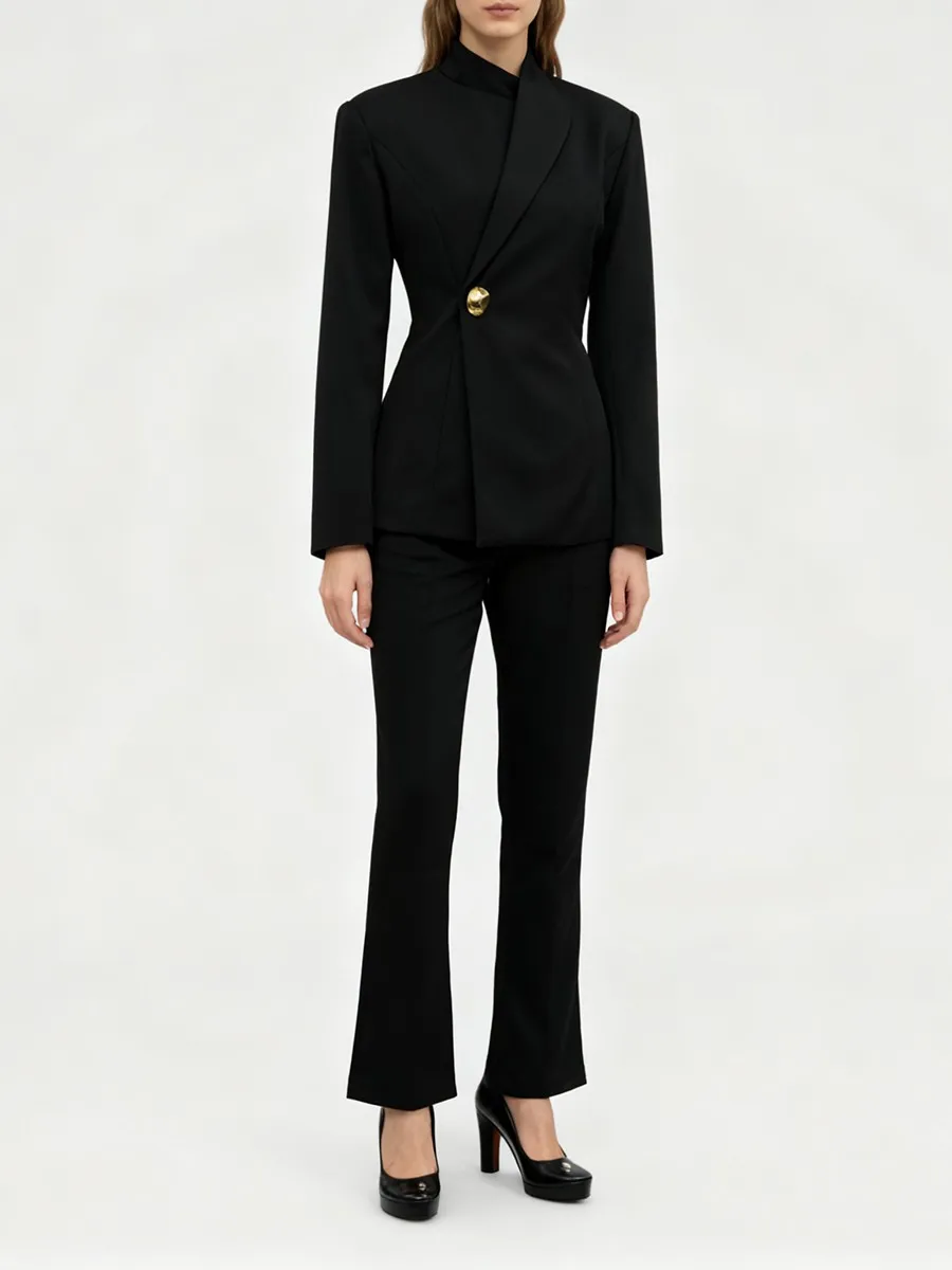 TWOTWINSTYLE الصلبة الحد الأدنى قطعتين مجموعات للنساء التلبيب طويلة الأكمام تقسم زر معدني السترة عالية الخصر مجموعة بناطيل رجالي الإناث #4