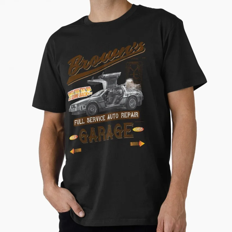 

Doc Brown's Auto Repair Garage DeLorean Car Back To The Future Sic Fi t shirt Retro Time Machine Graphic Clothes All size Tops