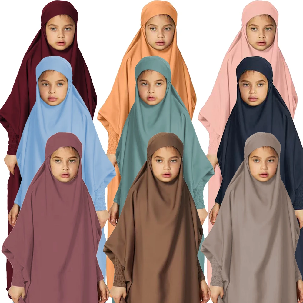 

Satin Hooded Abaya for Kids Girls Muslim Eid Abayas Islam Child Prayer Garment Overhead Khimar Kaftan Turkish Robe Modest Dress
