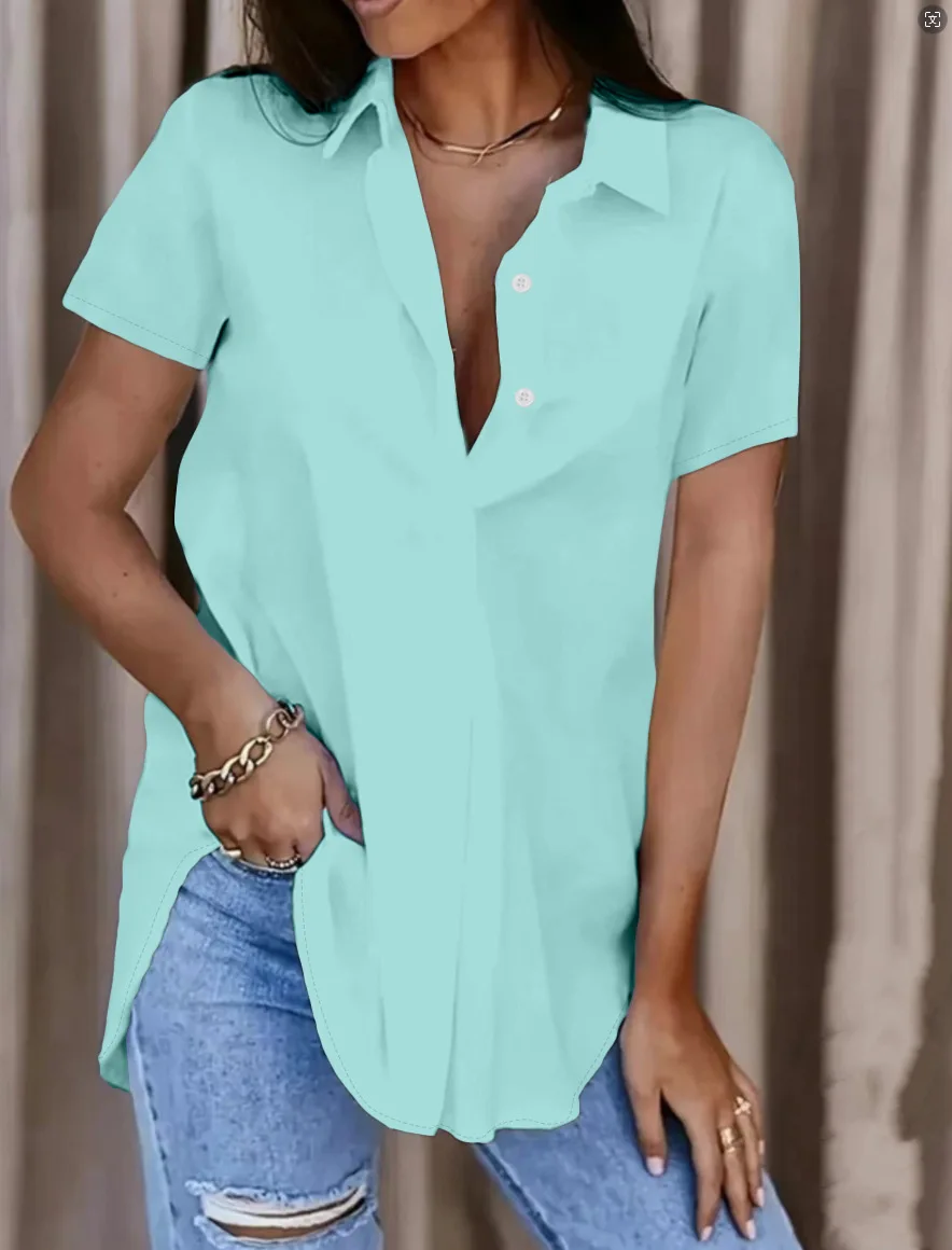 

2024 Summer Solid Color V-neck Button Shirt Casual Versatile Women's Short Sleeve Irregular Green Top Ladies Camisas Mujeres