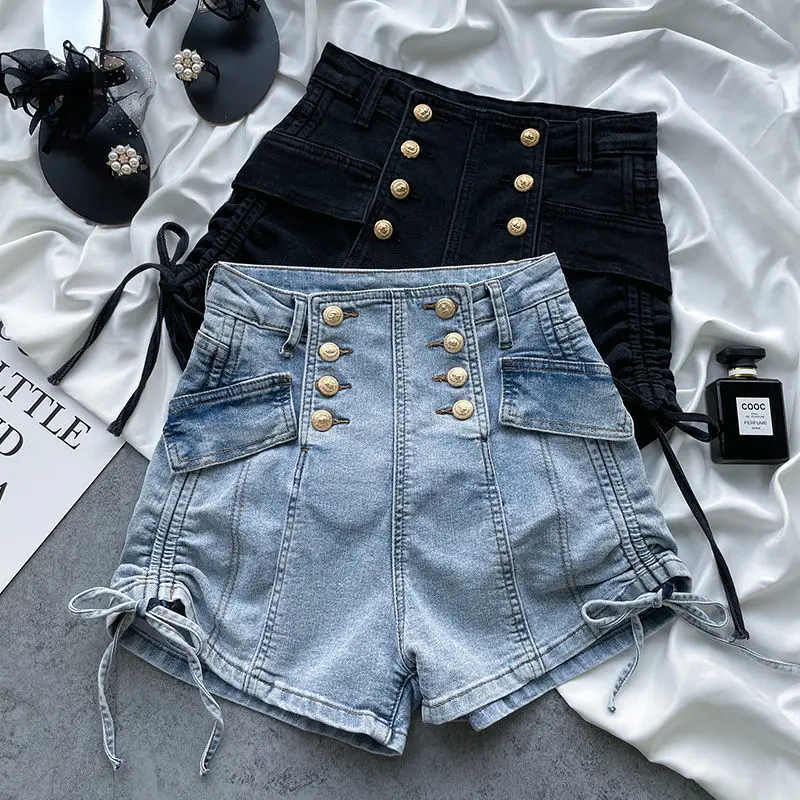 Denim Shorts Breasted Drawstring Pleated Summer New Style High Waist Fashionable Versatile Slimming A-Line Short Hot Pants