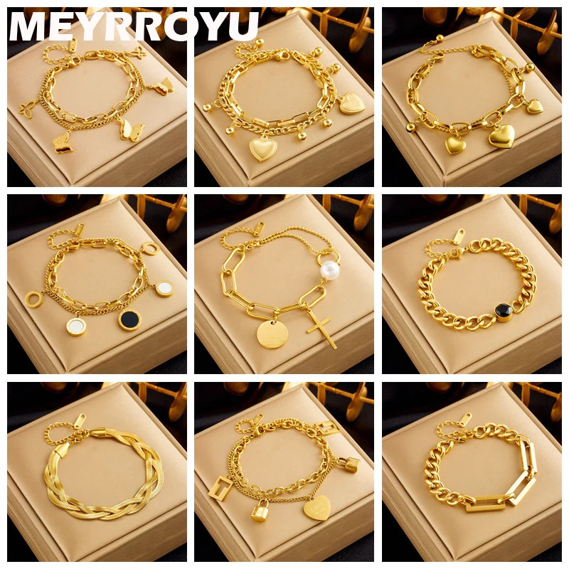 MEYRROYU 316 Stainless Steel Butterfly Heart Belt Twist Multilayer Chain Bracelet For Women Jewelry Party Gifts Bijoux Pulsera