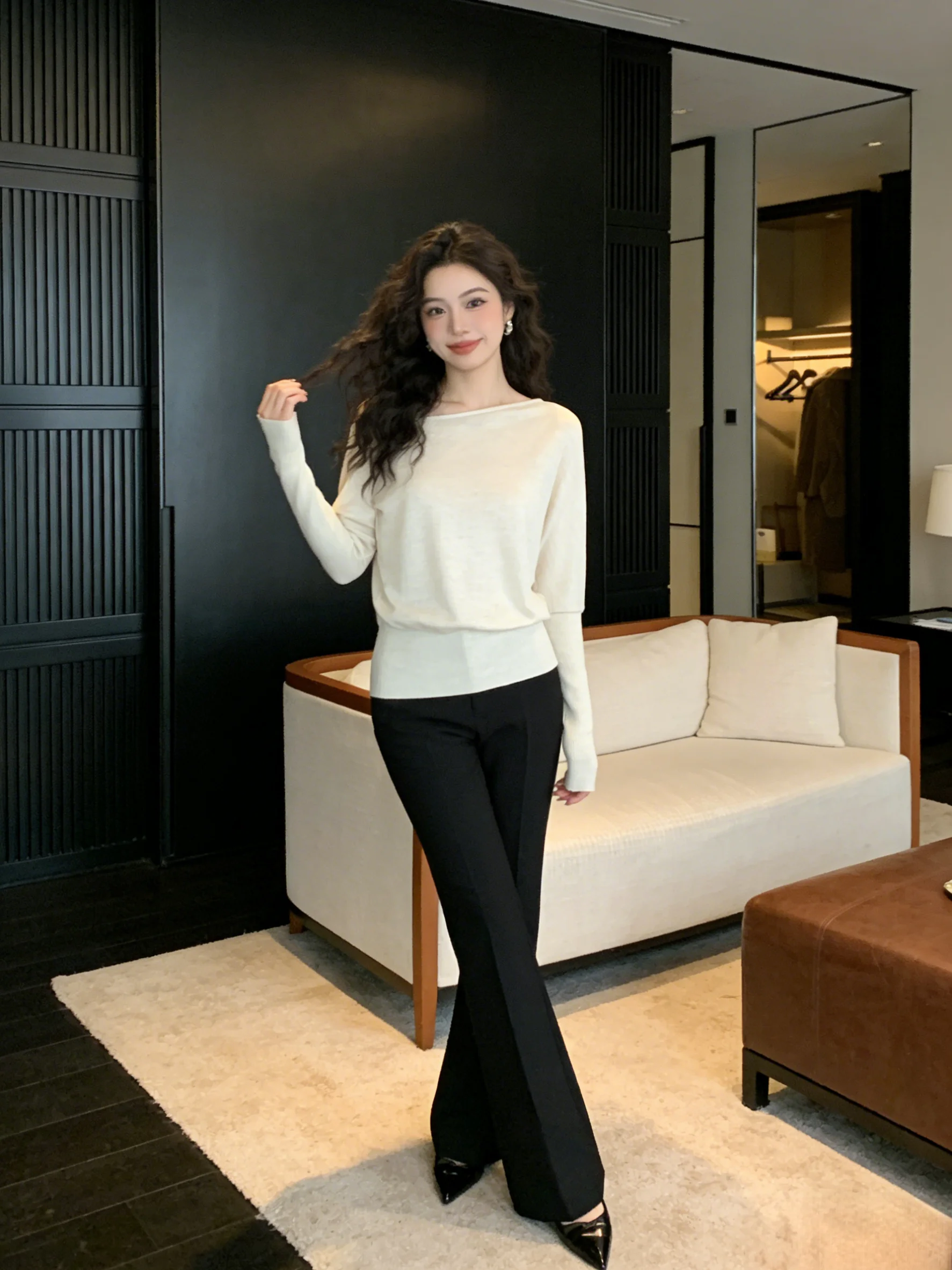 

Skin-Friendly Knitted ort oulder Casual Top High Street Loose Base Layer Korean Sle Long Sve Soft Fabric Women's Fas...