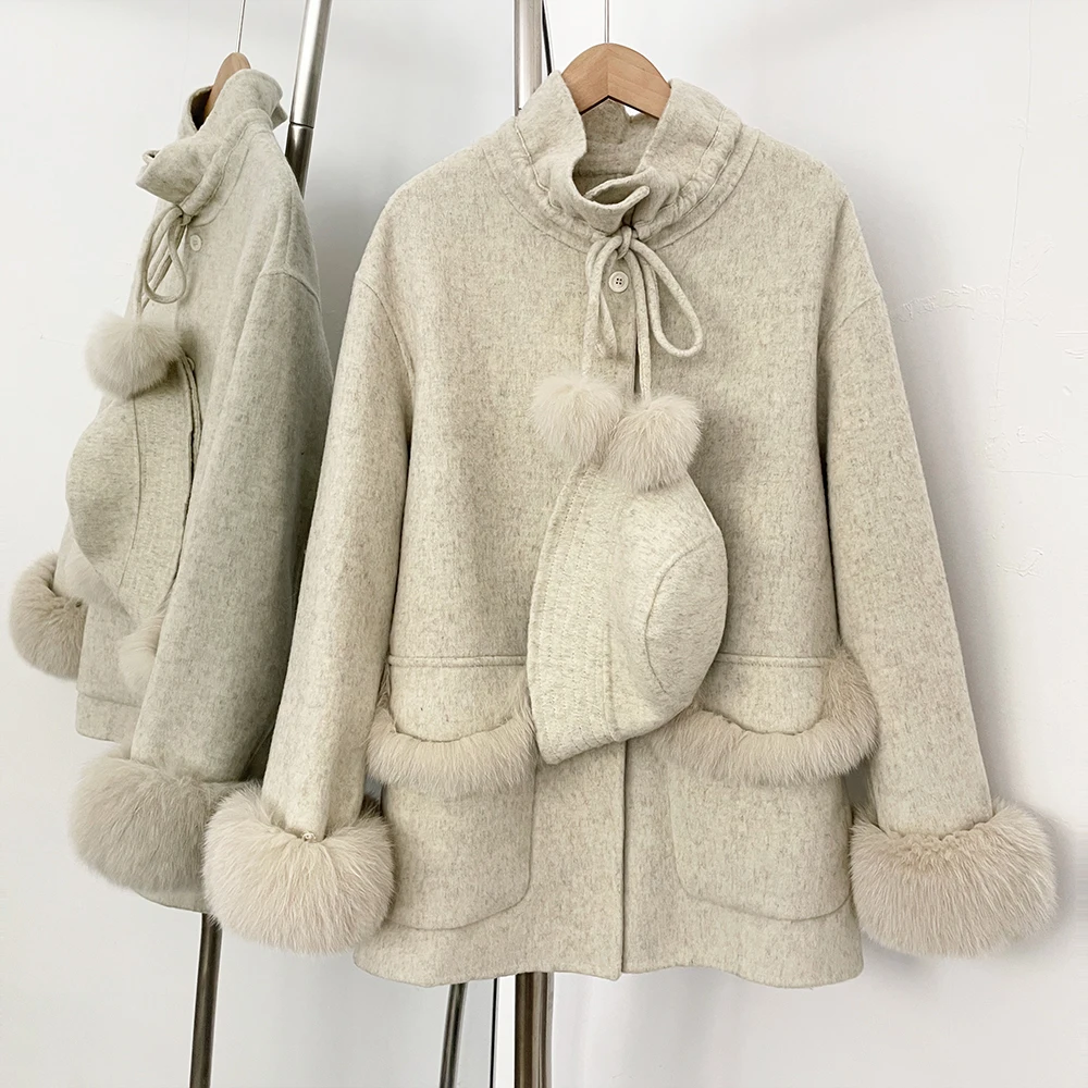 

Женская куртка из натурального лисьего меха, свободное шерстяное пальто, шапка, новая осенне-зимняя верхняя одежда, смесь шерсти, шерстяная куртка из натурального меха, женские карманы
