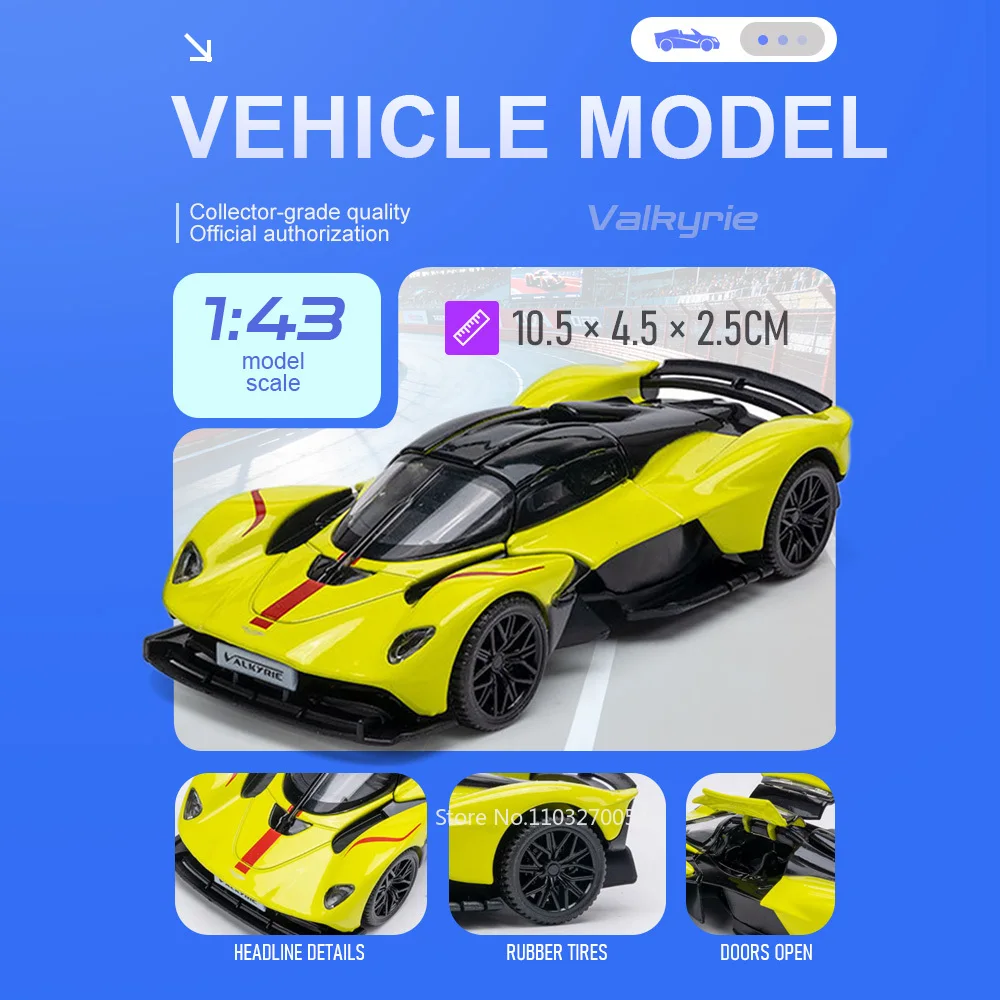 

1:43 Valkyrie Alloy Sports Car Model Diecast Miniature Toy Doors Opened Rubber Tire Metal Body Vehice Birthday Gift for Children