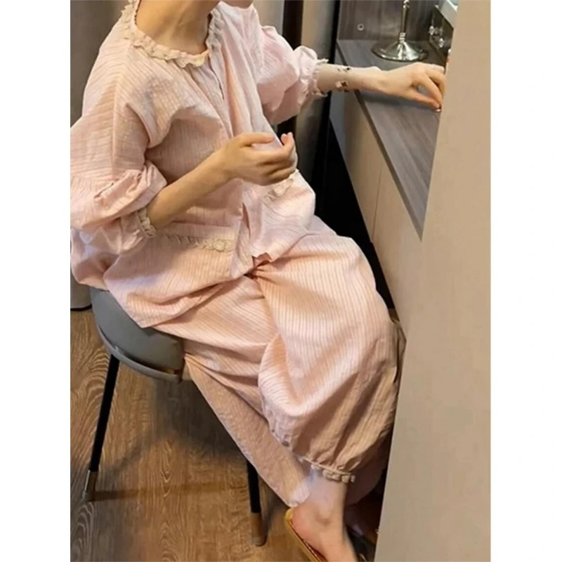 Girls Sweet Lace Long-sleeved Pajamas Women's Spring and Autumn Models New Comfortable Cotton Yarn Loungewear Large Size Set