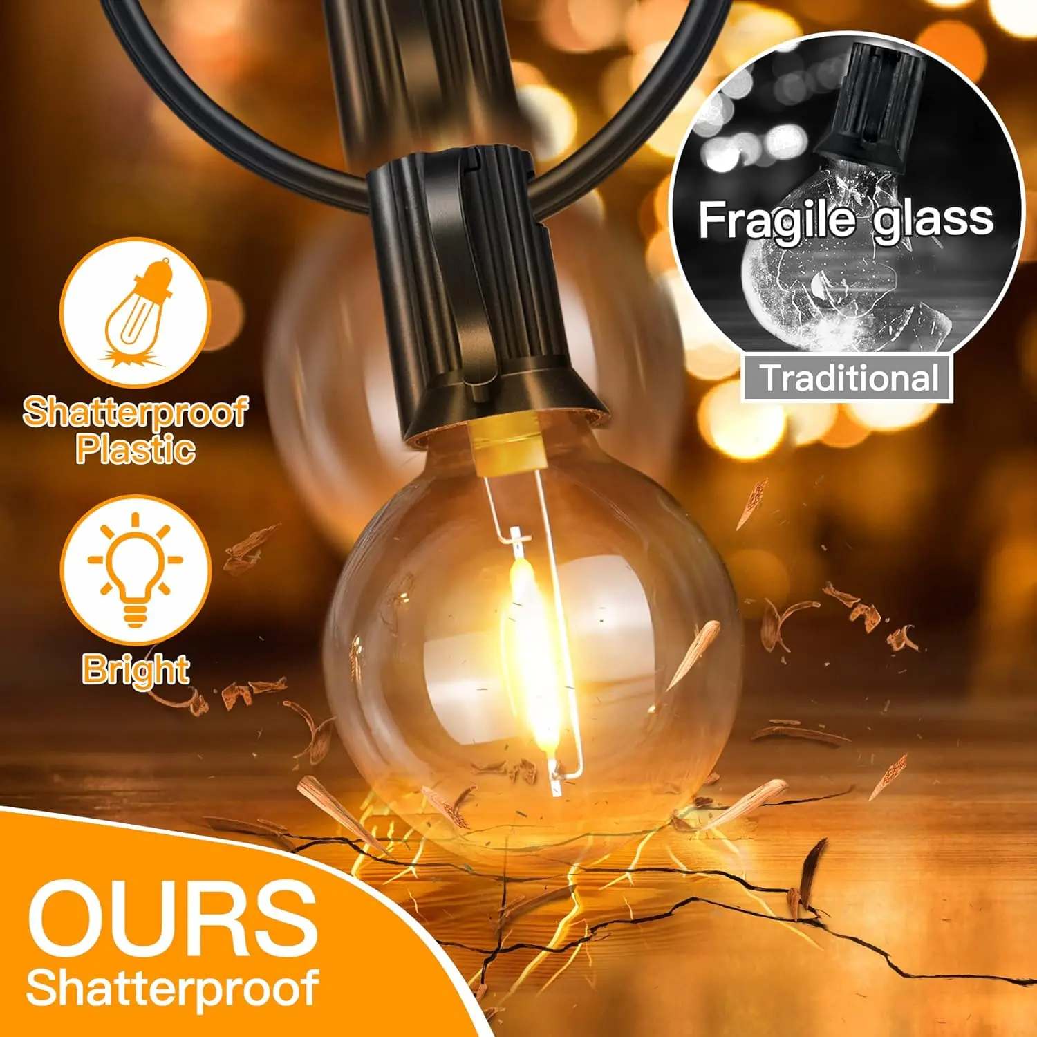 Outdoor Lights LED 100FT Shatterproof, Connectable Party Clear