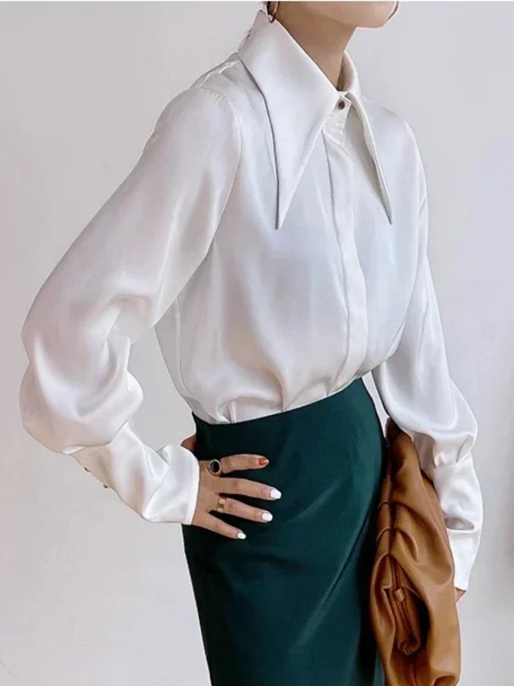 Vintage Turn Down Collar Satin Women Shirts Office Ladies Elegant Long Sleeve Blouse Lantern Sleeve Tops