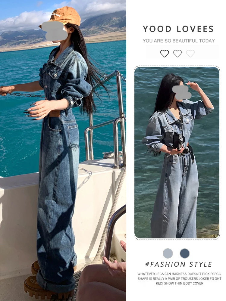 

Fashionable Collar Long Sleeve Denim Jumpsuit Women's 2026 Spring Autumn New Style American Retro Waist Cinching Slimmin...