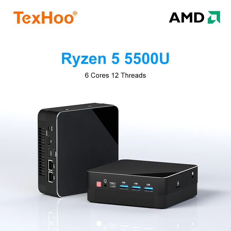 TexHoo AMD R5 5500U Mini PC 6-core 12-thread 16/32GB DDR4 512GB/1TB SSD WIFi6 Mini Computer PC Mini Desktop Win 11 Pro