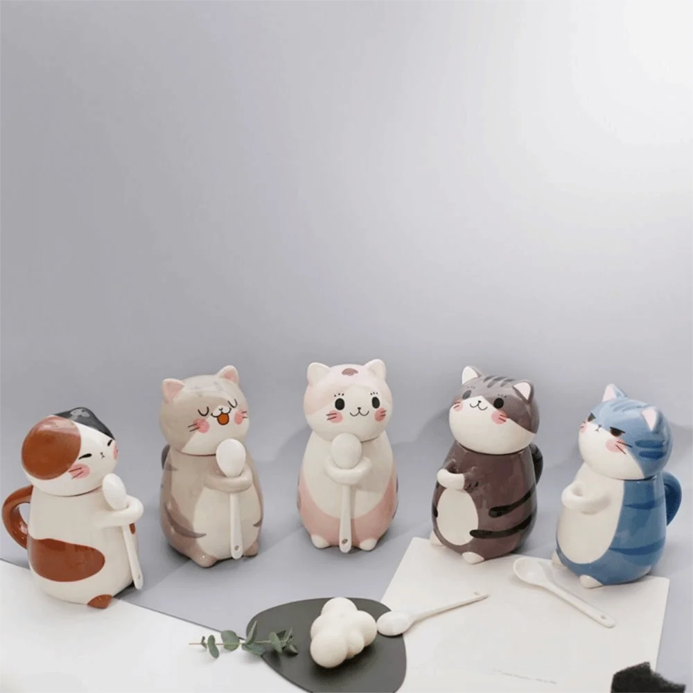 

Cute With Spoon Cat Coffee Mug Capped Mug Cartoon Milk Tea Cups Exquisite Ceramic Coffee Pots Drinkware