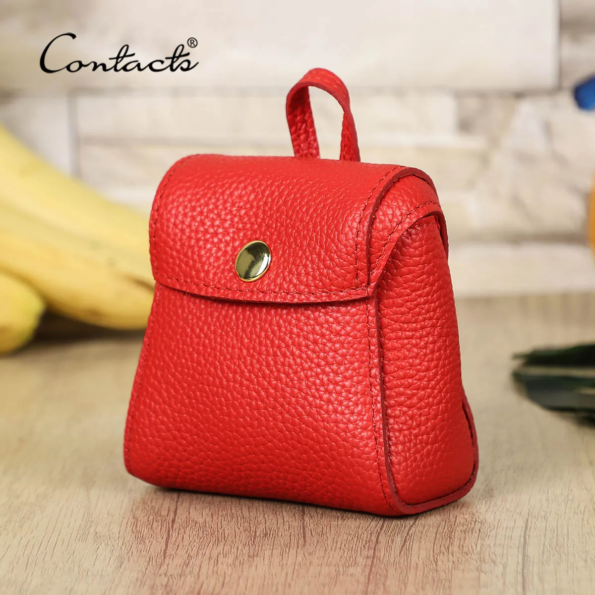 CONTACT'S Genuine Leather Mini Bag Charm for Women, Small Pouch Keychain with Snap Button, Cute Handbag Pendant for Small Items