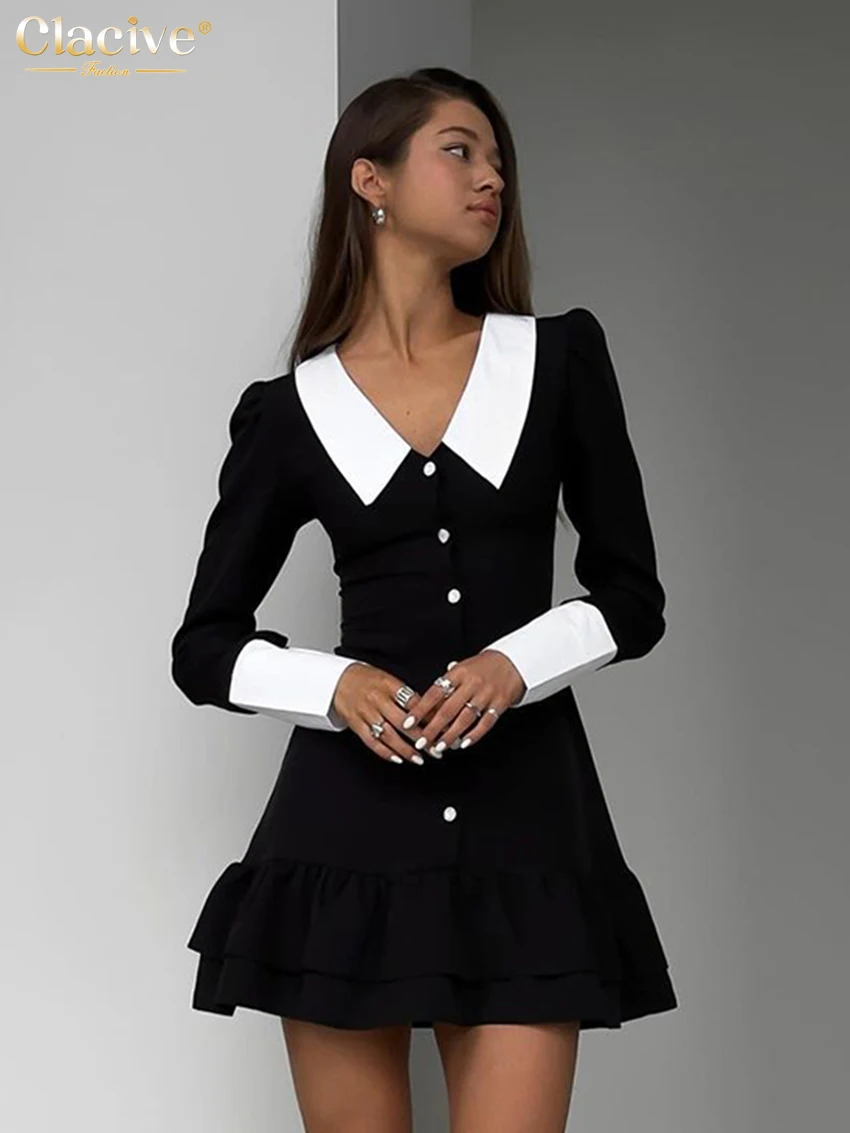 

Clacive Fashion Slim Black Women'S Dress Elegant Lapel Long Sleeve Office Mini Dresses Vintage Classic Patchwork Female Dress