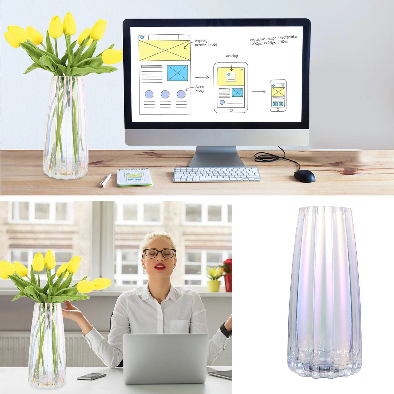 

1Pcs Vertical Pattern Glass Vase Premium Transparent Craftsmanship for Home Office Decor Flower Arrangement Container