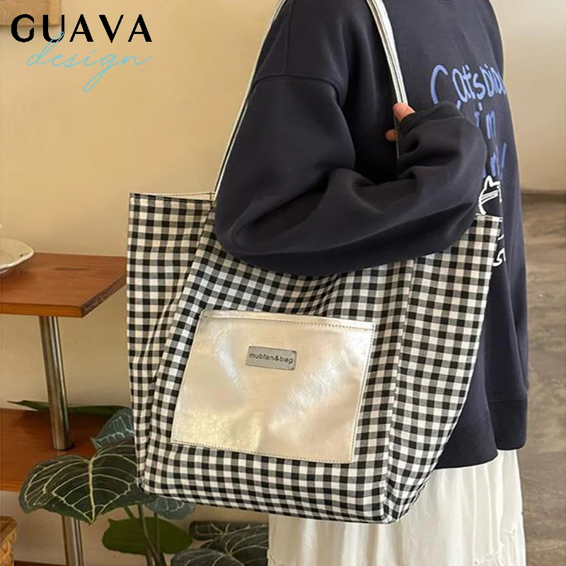 

Korean Style Retro Plaid Shoulder Bag Canvas Handbags For Women Large Capacity Tote Bags For Women Female Silver Pu Bag
