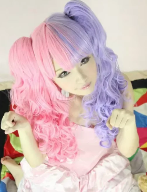 Wholesale Purple Pink Split Color Lolita Long Curly Fashion Cosplay Party Wig Hair