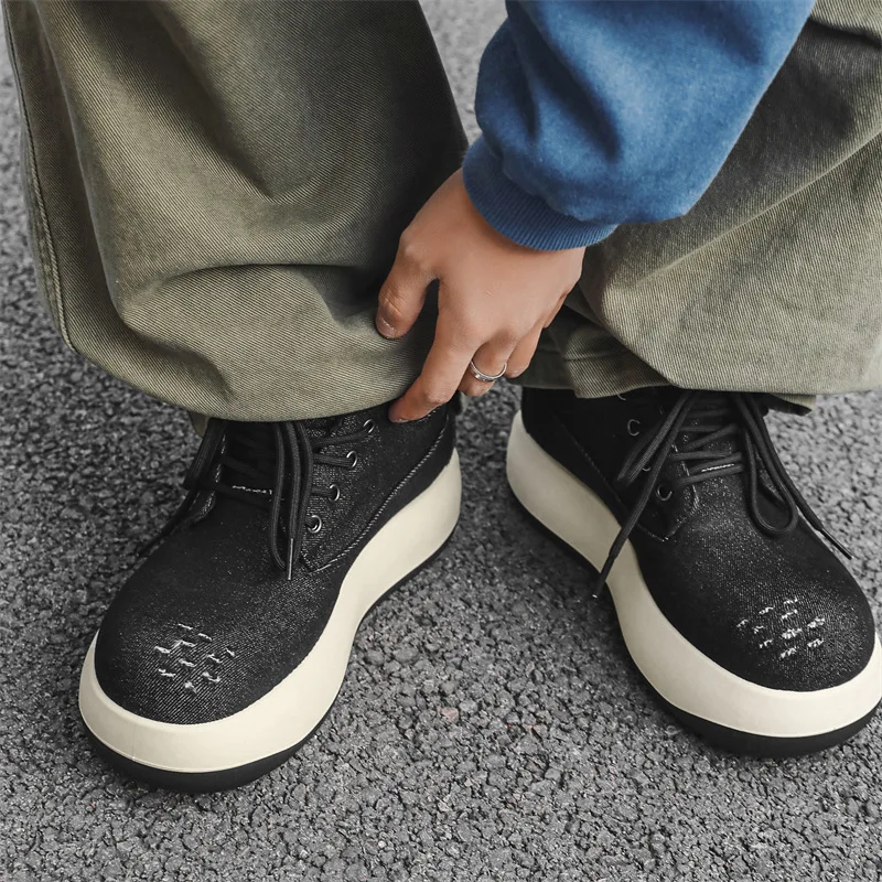 New Spring and Autumn 2026 Fashion, Simple and Niche Denim High-top Sneakers, Retro Thick-soled Height-increasing Men's Shoes