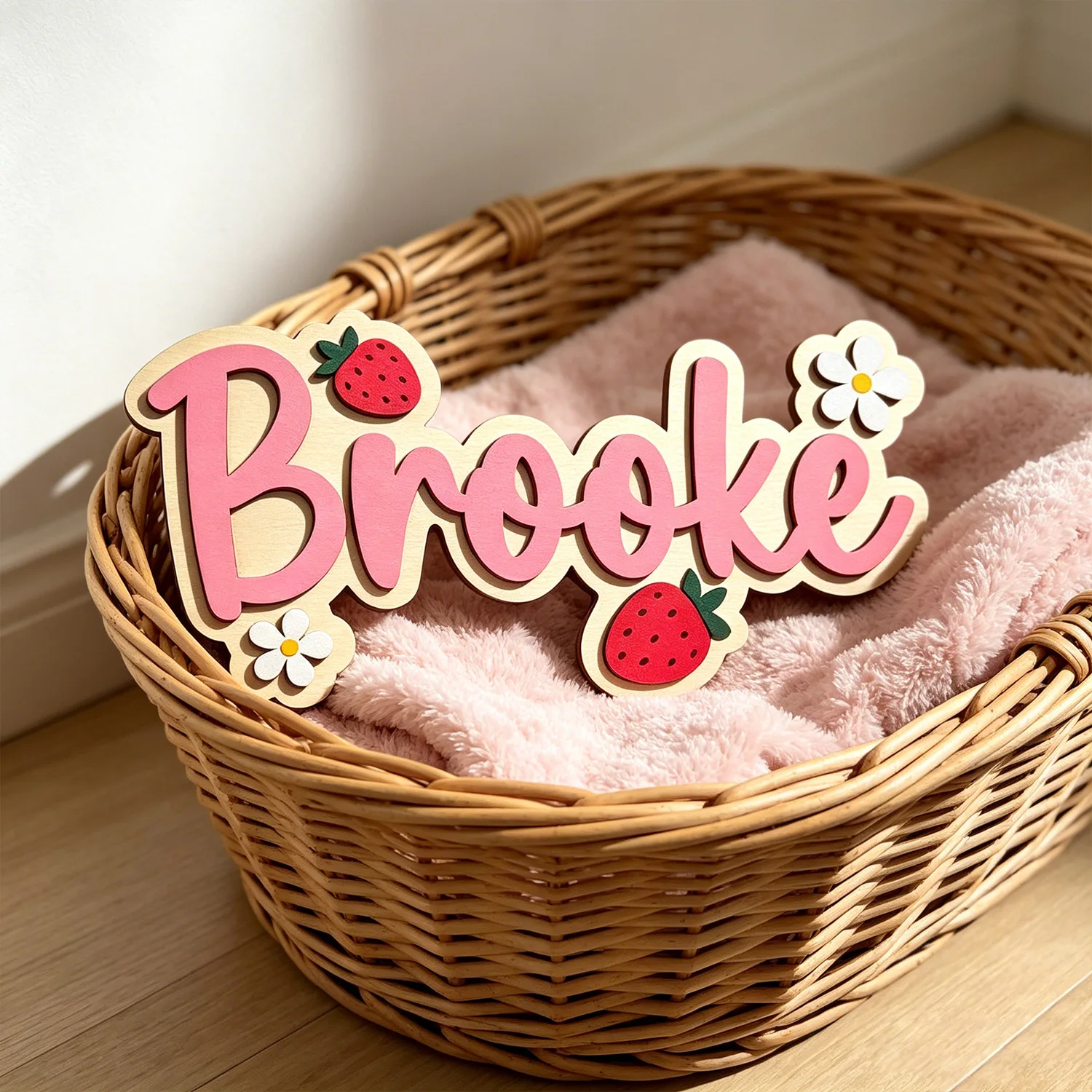 1pc Customizable Daisy Strawberry Name Logo,Custom Name, Children's Room Floral Decoration, Wall Art Decoration, Wooden Souvenir