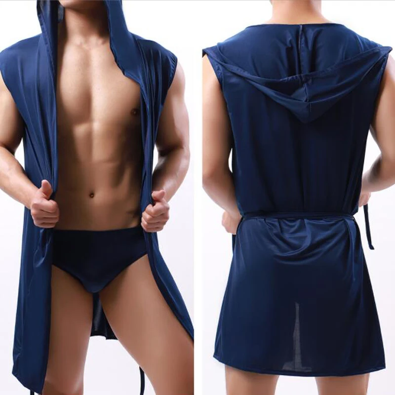 Men\'s Pajamas Sleeveless Oversized Silky Male Pajamas Hooded Bathrobe Ultra-thin Homewear Bath Robe Sexy Lingerie Gay Wear