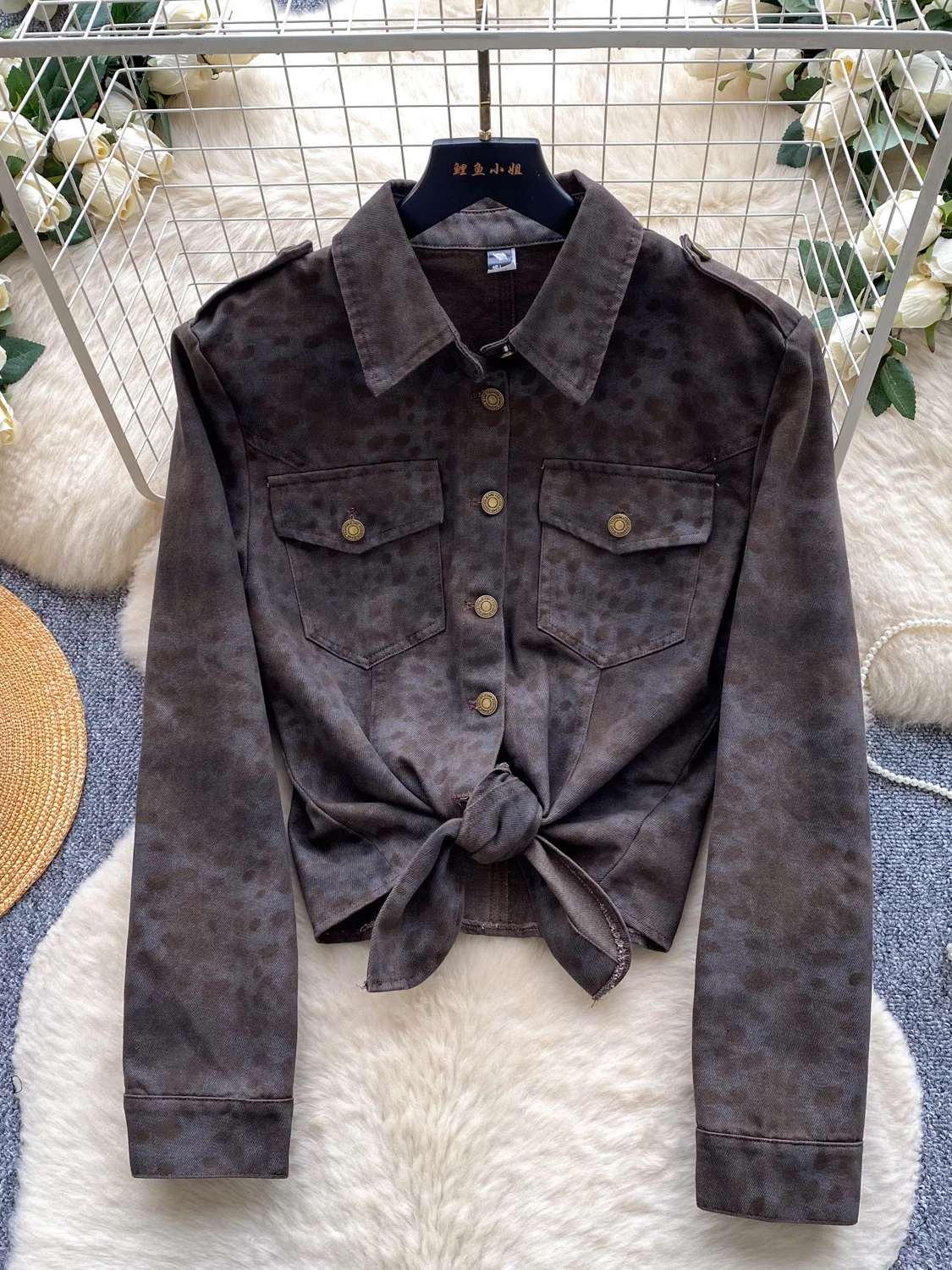 Chic Long Sleeve Shirt Women's Loose Open Cardigan Belted Waist Slimming Top Commute Style Korean Version Polyester Fiber