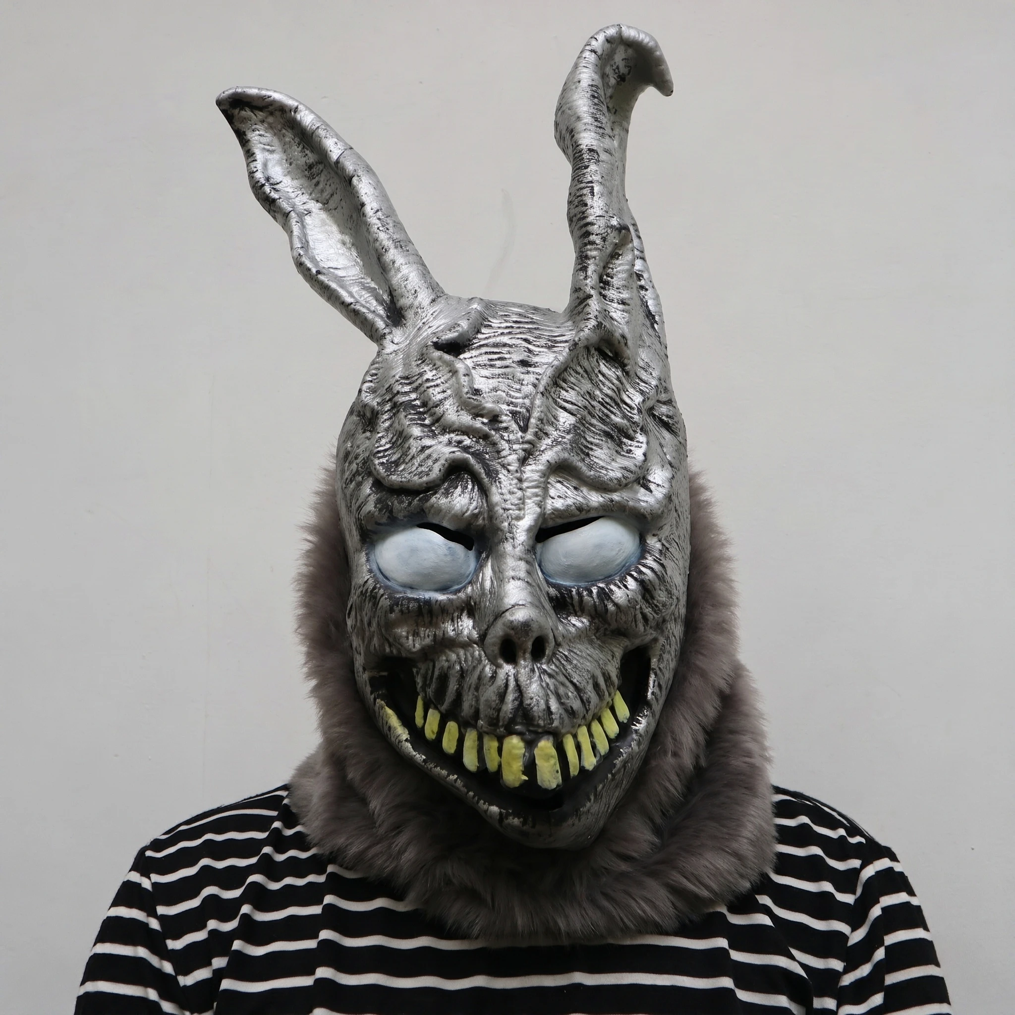 Halloween Dark Scary Rabbit Mask, Latex Headgear with Long Ears Sharp Fangs & Plush Collar for Haunted House Cosplay Props