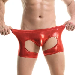 Sexy Mens Boxer Shorts Fetish Faux Leather Hollow Out Latex Gay Boxershorts Briefs Bugle Pouch Panties Thongs Trunks Clubwear