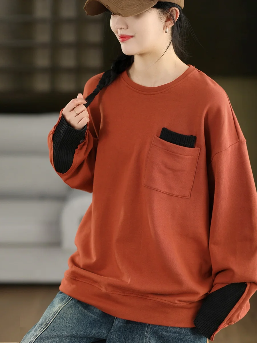 

Retro Knitted Cotton Patchwork Sweatirt Women's Spring Long Sve Loose Casual round Ne Pullover T-irt