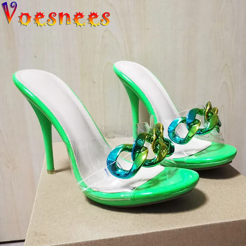 Candy Color High Heel Slippers Women Pumps Fashion Design Antiskid Scuffs Sole Ladies Shoes New Summer Rhinestone Chain Sandals