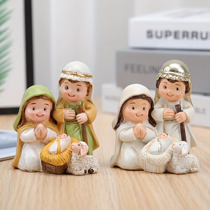 Cute Mini Nativity Set Holy Family Statue Catholic Resin Baby Jesus Figurine for Christmas Decorations for Indoor Tabletop Shelf