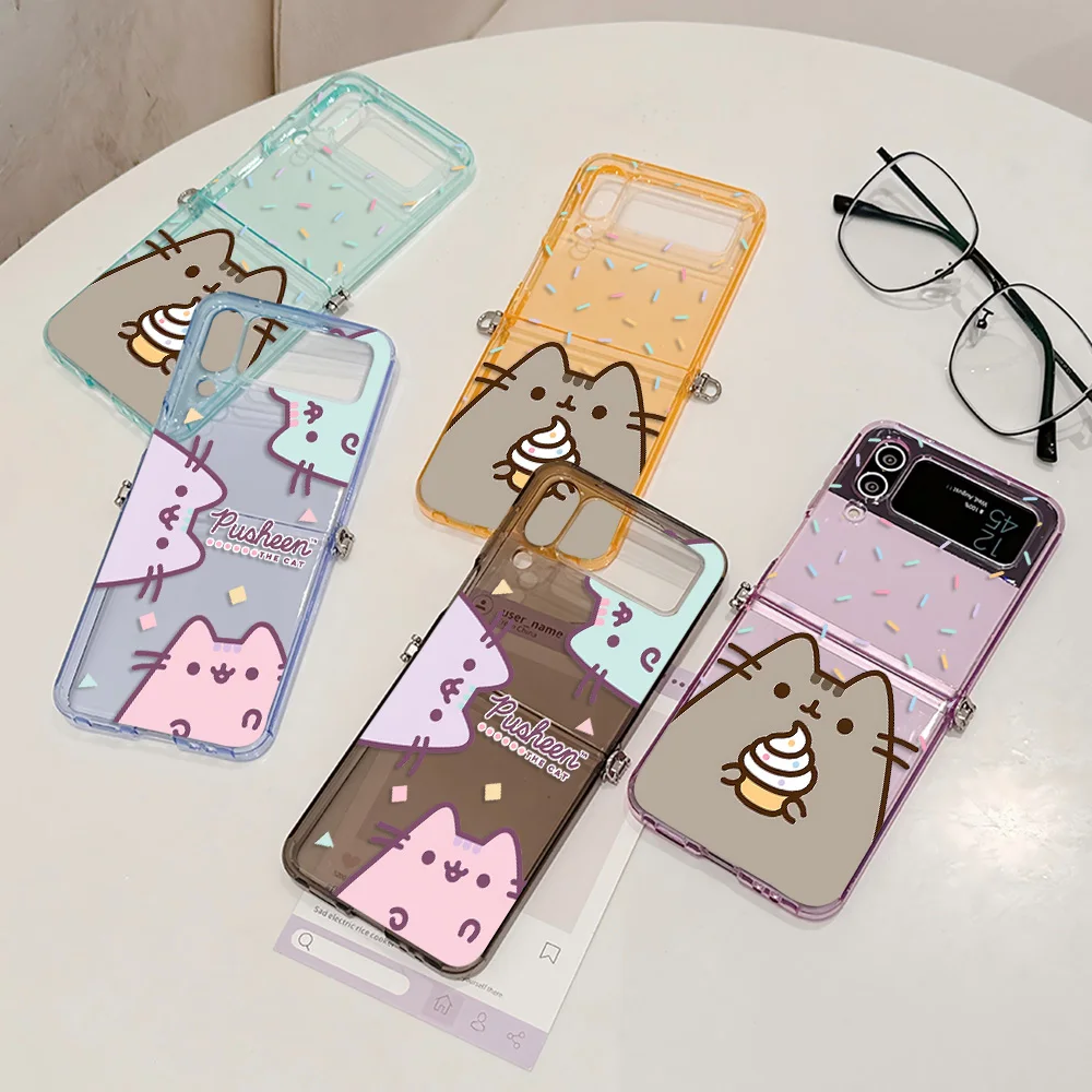 Capa de Telefone com Conector Metálico de Gato Cartoon Fofo P-Pusheens para Samsung Galaxy Z Flip3 Flip4 Flip5 Flip6 Flip7 em Cores Candy, TPU Macio