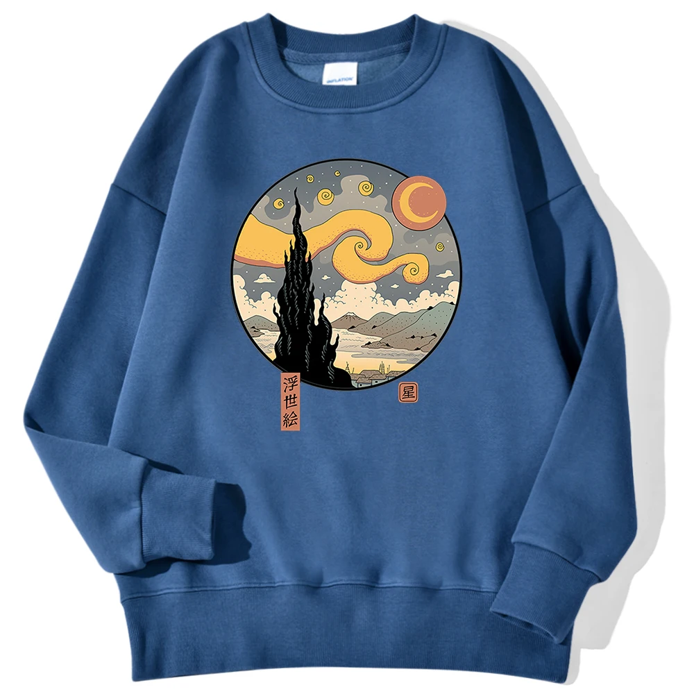 Japanese Style Starry Night Print Man Pullovers Simple Soft Hoodie Street Warm Autumn Sweatshirt Hipster Fit Fleece Sportswear