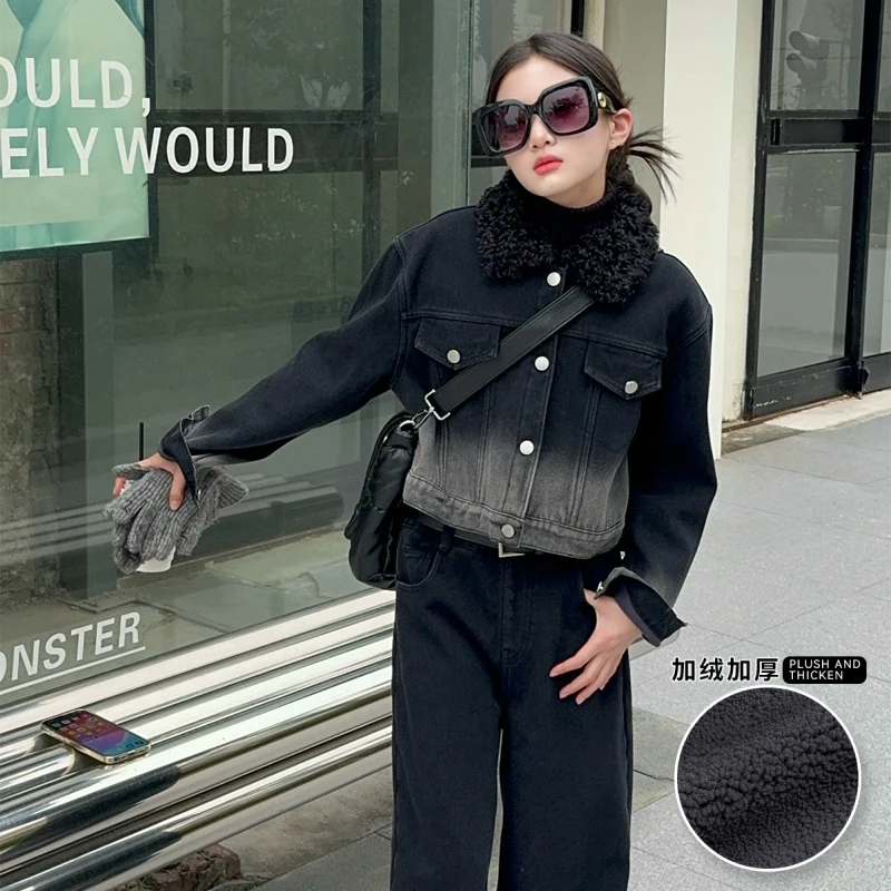 

Children's Top+Bottom Sets Girls' Fleece-Lined Black Denim Suit Korean Winter Jacket+Pants 2-Piece Thickened Outfit for Toddlers