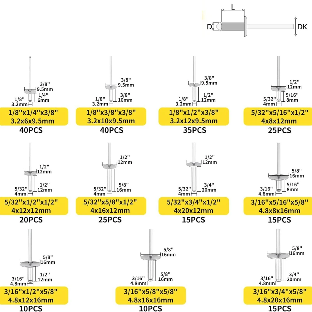 250 pz 3/16 "X 1/8" X5/32 "Argento Grande Tappo Rivetti Ciechi e Tirare Rivetti Set GB/T12618 Tipo di Apertura Rivetto Grande Tappo Tirare Rivetti