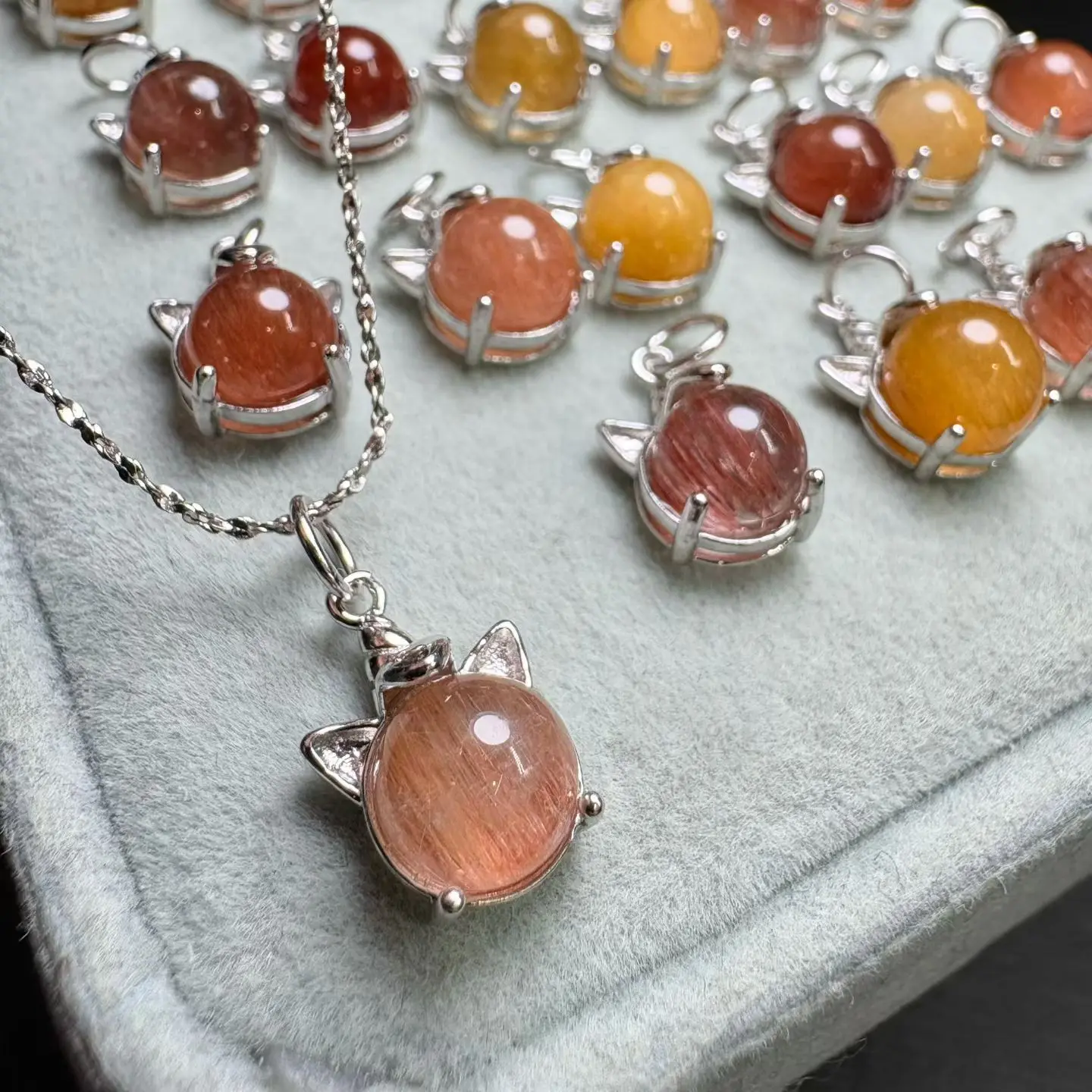 

1 Pc Natural Rabbit Hair Rutilated Quartz Cat Head Pendant 7MM 925 Sterling Silver Reiki Healing Stone Jewelry Gift For Women