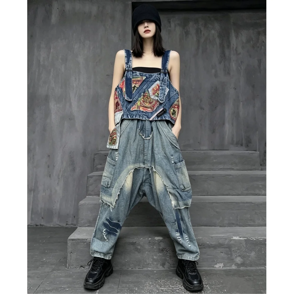 

Trendy Cool Loose-fitting Fashion Suit Women 2026 Summer Distressed Thin Denim Vest + Baggy Pants Two-piece Set XY158