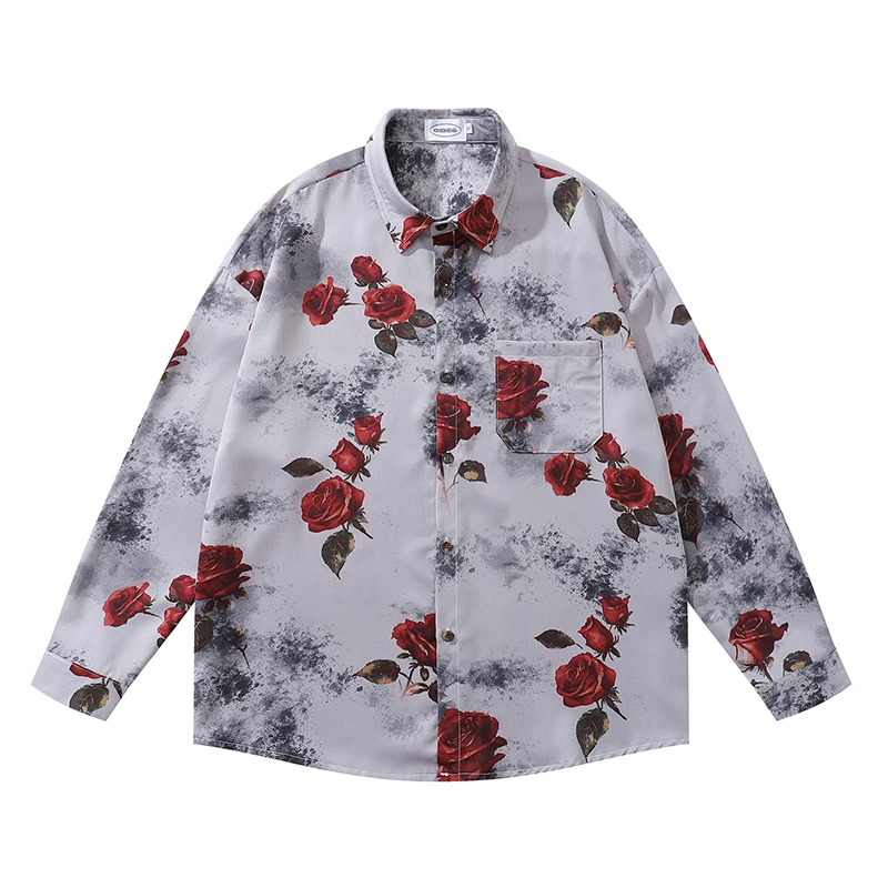 

Dark Icon Red Flower Men's Shirt Long Sleeve Autumn Casual Shirts for Men
