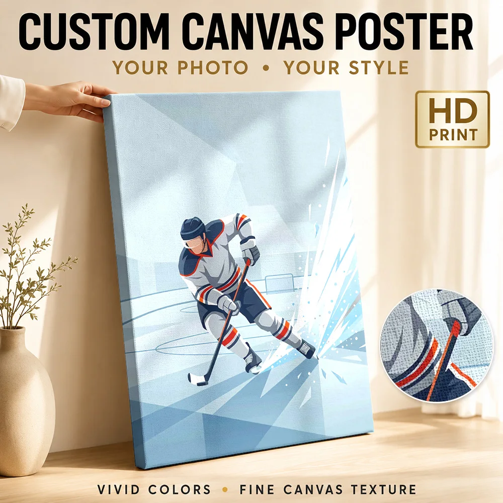 Hockey Player Skating and Splashing Ice Canvas Painting Poster Custom Photo Sports Portrait Canvas Wall Art for Man Cave Decor