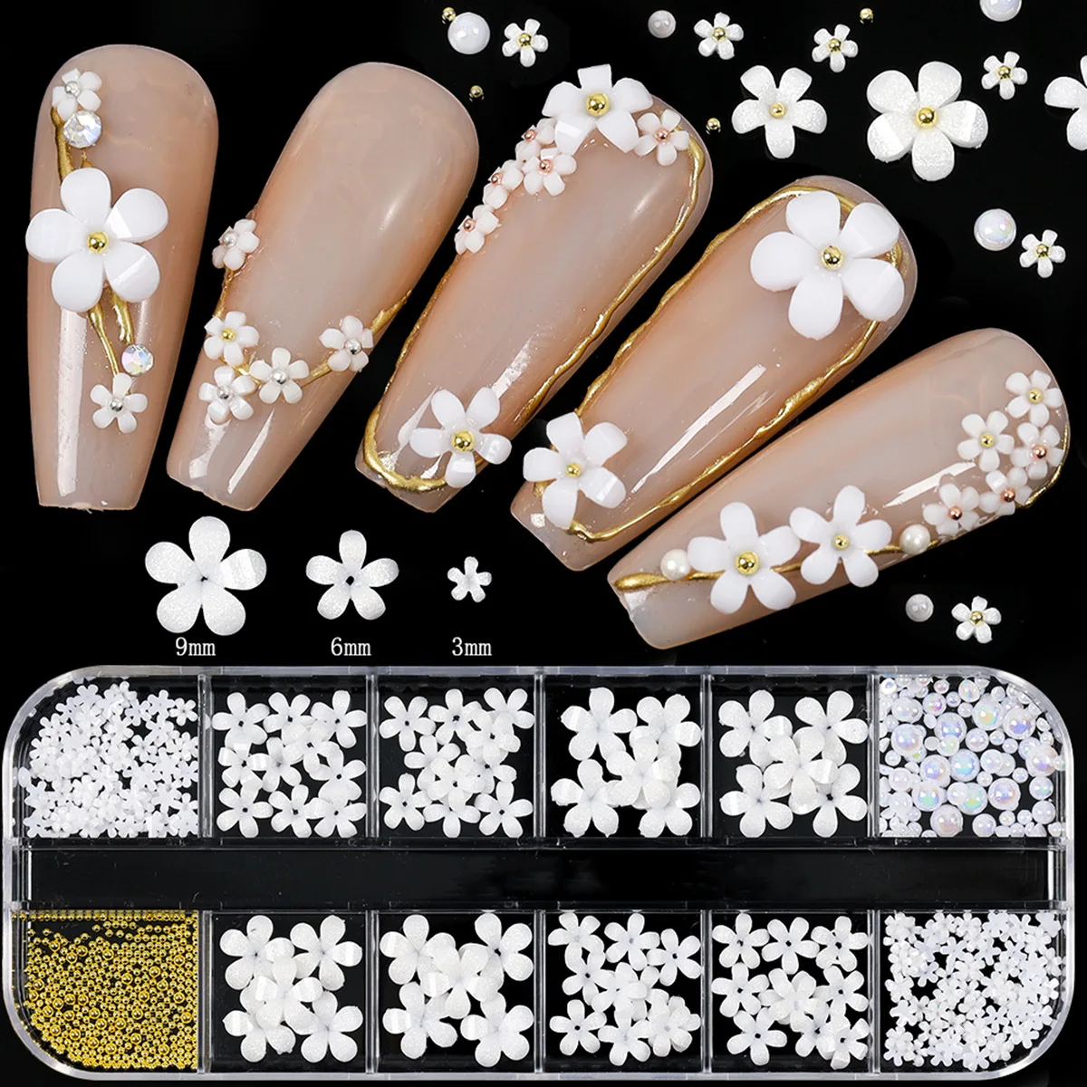 6-Grids/Box White Four-leaf Clover Nail Art Jewelry with Diamond Rhinestones 50pcs Ice-clear 3D Glass Petal Manicure Accessories