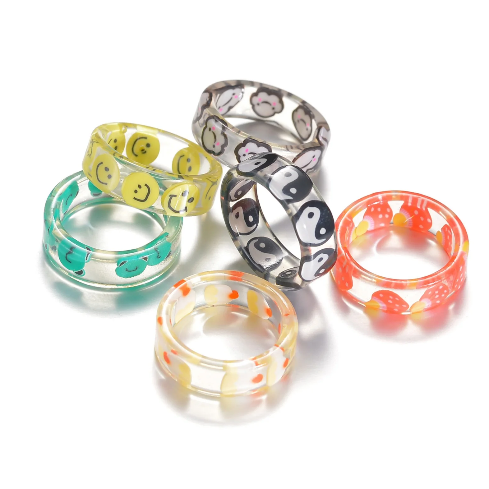 Ins Transparent Acrylic Rings Colorful Sweet Resin Round Smile Face Rings for Women Girls Frog Cake Summer Fashion Jewelry