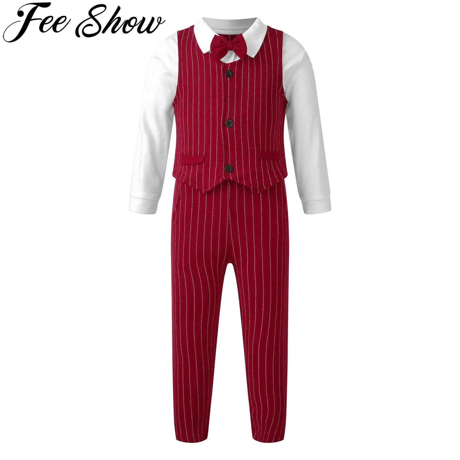 

Baby Boy Formal Clothes Suits Toddler Boy Long Sleeve Shirt with Bow Stripe Vest and Pants Outfit Sets Gentleman Wedding Suit